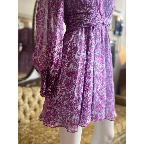 AMUR Twist-Front Dress Purple/Blue Printed Silk Chiffon Floral Dress Size 4 - Picture 3 of 11